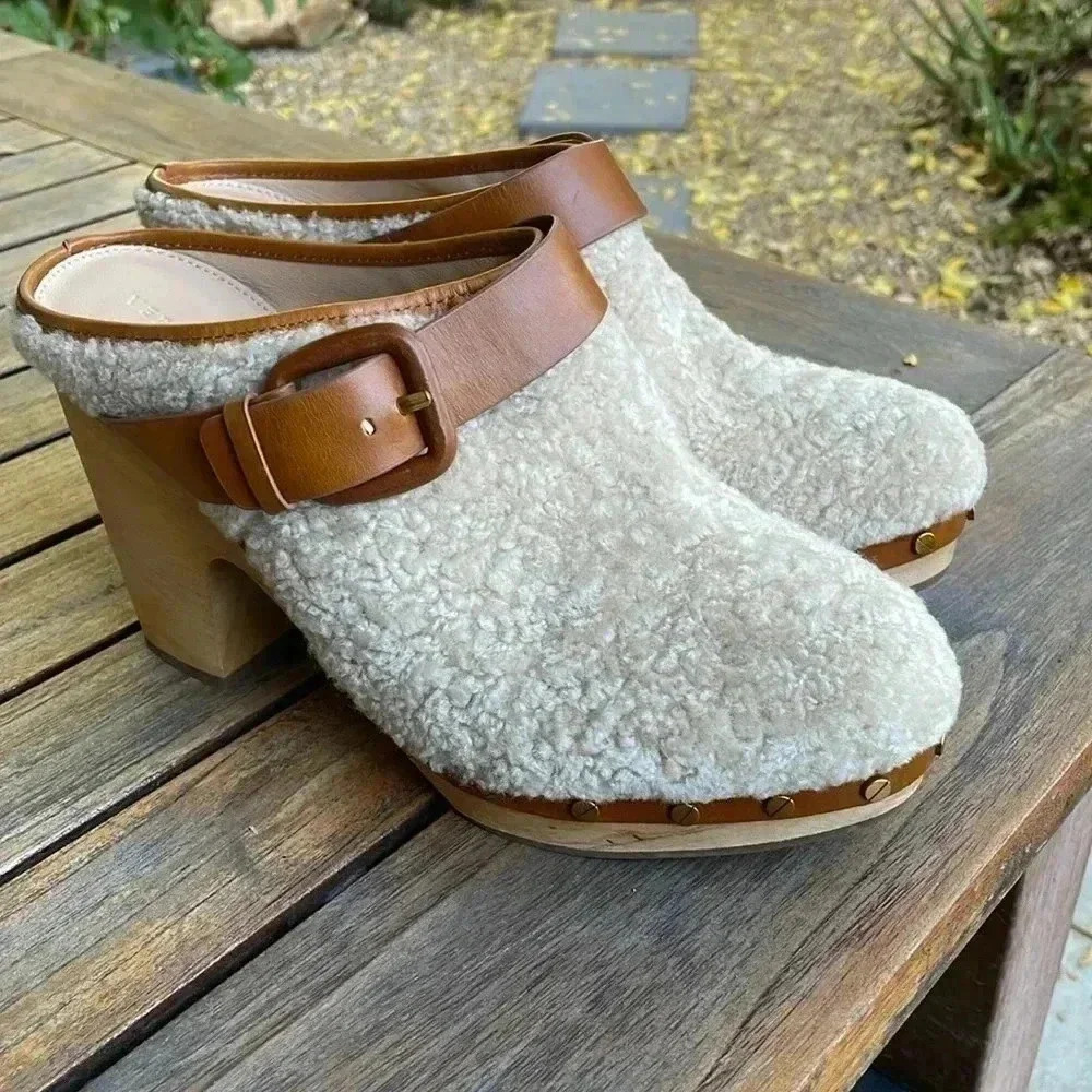 Veronica Beard Cream and Brown Shearling Clogs
